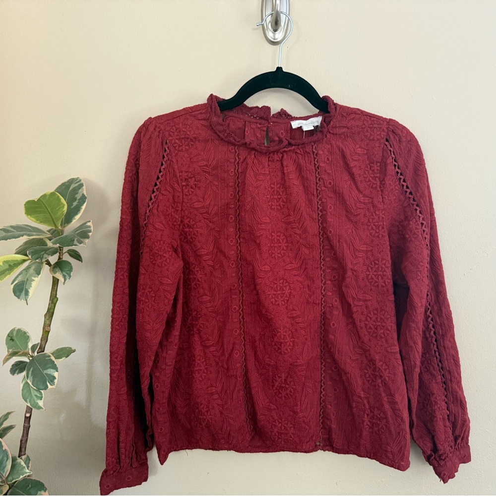 Jennifer Grace | Red Eyelet Embroidery Blouse with Intricate Lace Design